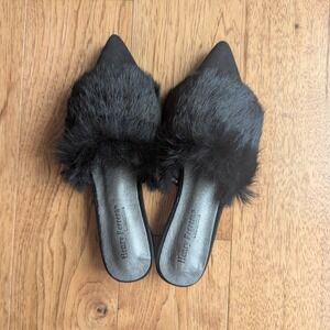 Henry Ferrera Mules Black Faux Fur Pointed Toe Sz 8 Mobwife Glam Festive Chic